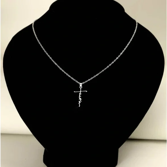 New Stainless Steel Cursive Faith Cross Religious Silver Minimalist Necklace - Picture 7 of 13